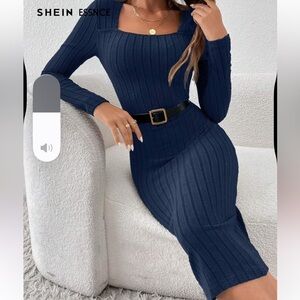 Navy Long Sleeve Ribbed Dress